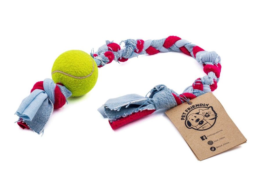 Torcidinho, brinquedo para cão em tecido reaproveitado, com bola de ténis