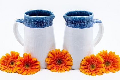 Dois jarros Vida em grés branco com bordo azul